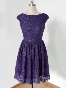 Purple Empire Lace Scoop Cap Sleeves Lace Knee Length Lace Up Quinceanera Court Dresses