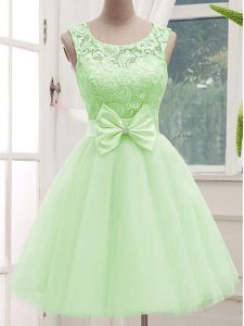 Sleeveless Tulle Knee Length Lace Up Damas Dress in Yellow Green with Lace and Bowknot