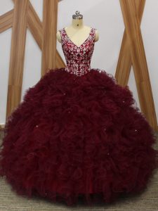 Ideal Burgundy Sleeveless Organza Backless Sweet 16 Quinceanera Dress for Military Ball and Sweet 16 and Quinceanera