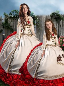 White And Red Ball Gowns Organza and Taffeta Sweetheart Long Sleeves Embroidery and Ruffles Lace Up Quinceanera Gowns Brush Train