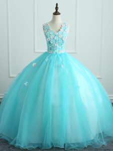 Aqua Blue Ball Gowns Organza V-neck Sleeveless Appliques Floor Length Lace Up Quince Ball Gowns