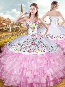 Decent Rose Pink Lace Up Sweetheart Embroidery and Ruffled Layers Quince Ball Gowns Organza and Taffeta Sleeveless