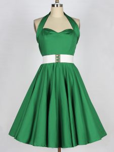 Custom Designed Satin Halter Top Sleeveless Lace Up Belt Dama Dress for Quinceanera in Green