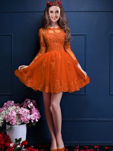 Fantastic 3 4 Length Sleeve Chiffon Mini Length Lace Up Dama Dress in Orange Red with Beading and Lace and Appliques