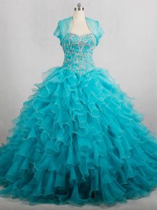 Aqua Blue Lace Up Sweet 16 Dresses Beading and Ruffles Sleeveless Brush Train