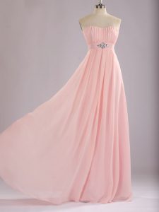 Enchanting Baby Pink Empire Sweetheart Sleeveless Chiffon Floor Length Zipper Beading and Ruching Dama Dress