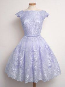 Classical Lavender Scalloped Neckline Lace Quinceanera Court of Honor Dress Cap Sleeves Lace Up