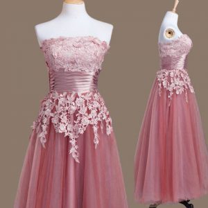 Exquisite Sleeveless Lace Up Tea Length Appliques Dama Dress