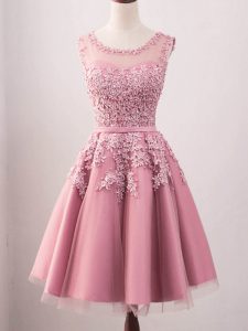 A-line Damas Dress Pink Scoop Tulle Sleeveless Knee Length Lace Up