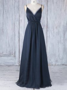 Latest Navy Blue Empire Ruching Quinceanera Court Dresses Backless Chiffon Sleeveless Floor Length