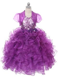 New Arrival Floor Length Purple Little Girls Pageant Dress Scoop Sleeveless Lace Up