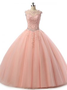 Shining Scoop Sleeveless Lace Up Vestidos de Quinceanera Peach Tulle