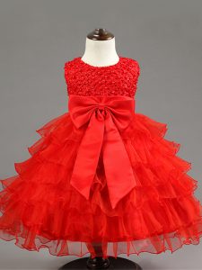 High End Red Ball Gowns Organza Scoop Sleeveless Ruffled Layers and Bowknot Knee Length Zipper Little Girls Pageant Dress Wholesale