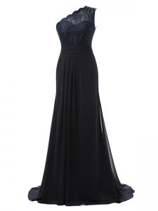 Affordable Brush Train Column/Sheath Quinceanera Court Dresses Black One Shoulder Chiffon Sleeveless Side Zipper