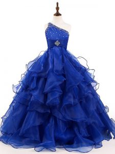 One Shoulder Sleeveless Organza Girls Pageant Dresses Beading and Ruffles Zipper