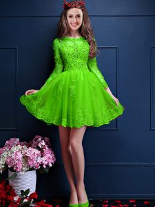 Green 3 4 Length Sleeve Mini Length Beading and Lace and Appliques Lace Up Quinceanera Court of Honor Dress