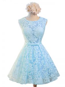 Smart Light Blue Sleeveless Knee Length Belt Lace Up Quinceanera Court Dresses