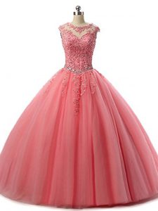 Sumptuous Watermelon Red Lace Up Quinceanera Gowns Beading and Lace Sleeveless Floor Length