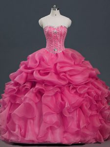 Fine Organza Sweetheart Sleeveless Lace Up Beading and Ruffles and Pick Ups 15th Birthday Dress in Hot Pink