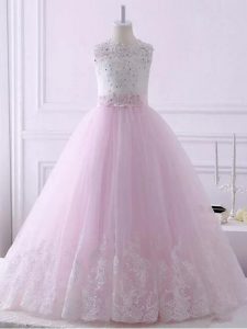 Attractive Sleeveless Lace Lace Up Kids Pageant Dress with Baby Pink Brush Train