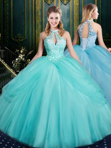 Halter Top Sleeveless Lace Up 15 Quinceanera Dress Aqua Blue Tulle