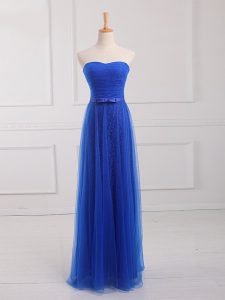 Floor Length Royal Blue Quinceanera Court of Honor Dress Tulle and Lace Sleeveless Belt