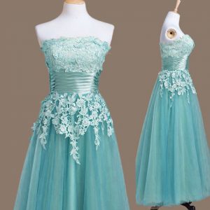 Light Blue Tulle Lace Up Strapless Sleeveless Tea Length Quinceanera Court of Honor Dress Appliques