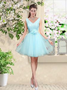 Free and Easy Aqua Blue Vestidos de Damas Prom and Party with Lace and Belt V-neck Sleeveless Lace Up