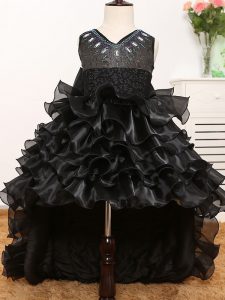 Sleeveless Organza High Low Zipper Little Girls Pageant Gowns in Black with Beading and Ruffles and Bowknot