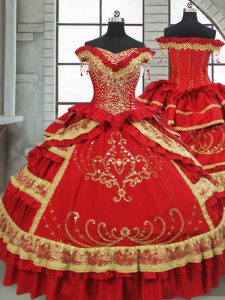 Custom Made Off The Shoulder Cap Sleeves Ball Gown Prom Dress Floor Length Beading and Embroidery and Ruffled Layers Red Satin and Taffeta