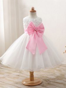 High Quality Mini Length White Little Girls Pageant Dress Wholesale Organza Sleeveless Bowknot