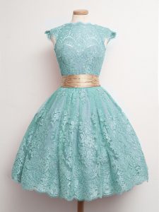 Exceptional Aqua Blue Ball Gowns Lace High-neck Cap Sleeves Belt Knee Length Lace Up Quinceanera Court of Honor Dress