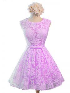 Lilac A-line Lace Scoop Sleeveless Belt Knee Length Lace Up Quinceanera Dama Dress