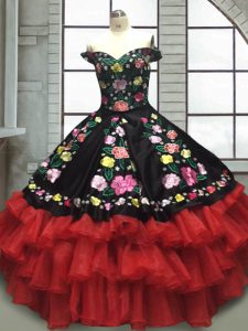 Great Red And Black Lace Up 15th Birthday Dress Embroidery and Ruffled Layers Sleeveless Floor Length