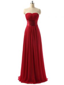 Deluxe Sleeveless Floor Length Ruching Lace Up Quinceanera Dama Dress with Wine Red