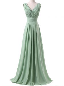 Dynamic Floor Length Lace Up Dama Dress for Quinceanera Apple Green for Prom and Party and Wedding Party with Ruching