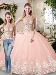 Deluxe Peach Sleeveless Floor Length Beading and Lace and Appliques Lace Up Sweet 16 Dress