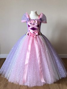 Cap Sleeves Tulle Floor Length Side Zipper Little Girl Pageant Gowns in Multi-color with Sequins and Bowknot