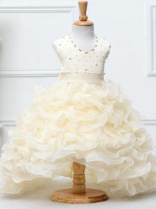 Elegant Champagne Ball Gowns Organza Halter Top Sleeveless Beading and Ruffles High Low Zipper Pageant Gowns For Girls