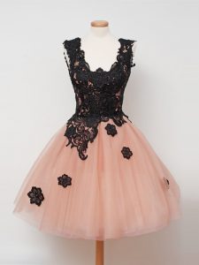 Romantic Knee Length Peach Damas Dress Tulle Sleeveless Lace