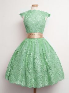 Hot Selling Green Damas Dress Prom and Party and Wedding Party with Belt High-neck Cap Sleeves Lace Up