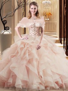 Peach Scoop Neckline Beading and Ruffles 15 Quinceanera Dress Sleeveless Lace Up