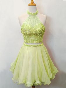 Exquisite Two Pieces Quinceanera Court of Honor Dress Yellow Green Halter Top Organza Sleeveless Knee Length Lace Up