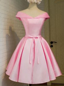 Perfect Pink Cap Sleeves Belt Knee Length Quinceanera Dama Dress