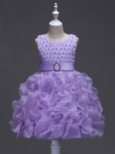 Lavender Lace Up Little Girls Pageant Dress Wholesale Ruffles and Belt Sleeveless Knee Length