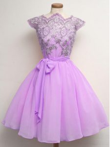 Dynamic Lilac Cap Sleeves Chiffon Lace Up Damas Dress for Prom and Party and Wedding Party