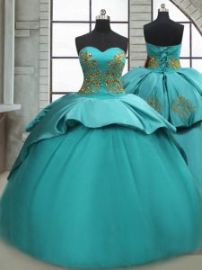 Dynamic Turquoise Lace Up Sweetheart Beading and Appliques Sweet 16 Dress Satin Sleeveless Sweep Train