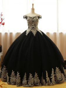 Fine Floor Length Lace Up Ball Gown Prom Dress Black for Military Ball and Sweet 16 and Quinceanera with Appliques