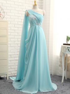 Aqua Blue Zipper One Shoulder Beading and Ruching Dama Dress Chiffon Sleeveless Brush Train