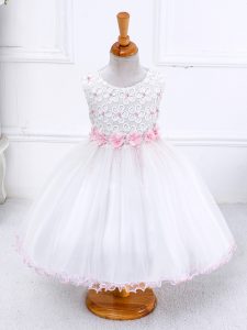 White Ball Gowns Organza Scoop Sleeveless Appliques Tea Length Zipper Kids Formal Wear